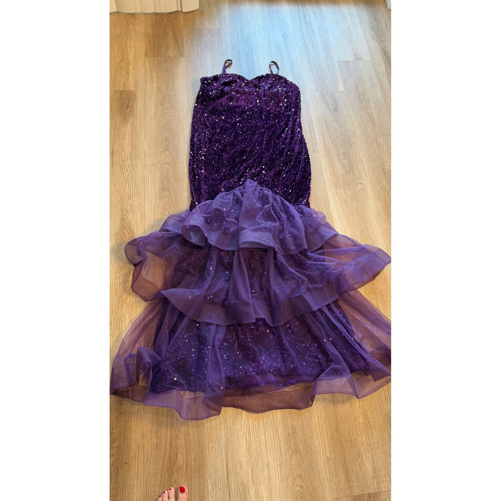 Dasmzper Purple Sequin Mermaid Gown Tiered Tulle Formal Dress 2XL NWT